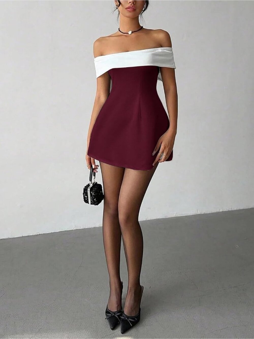 🆕Women's Red White Off Shoulder Neck Short Sleeve Bodycon Pull Over Mini Dress - Picture 5 of 6